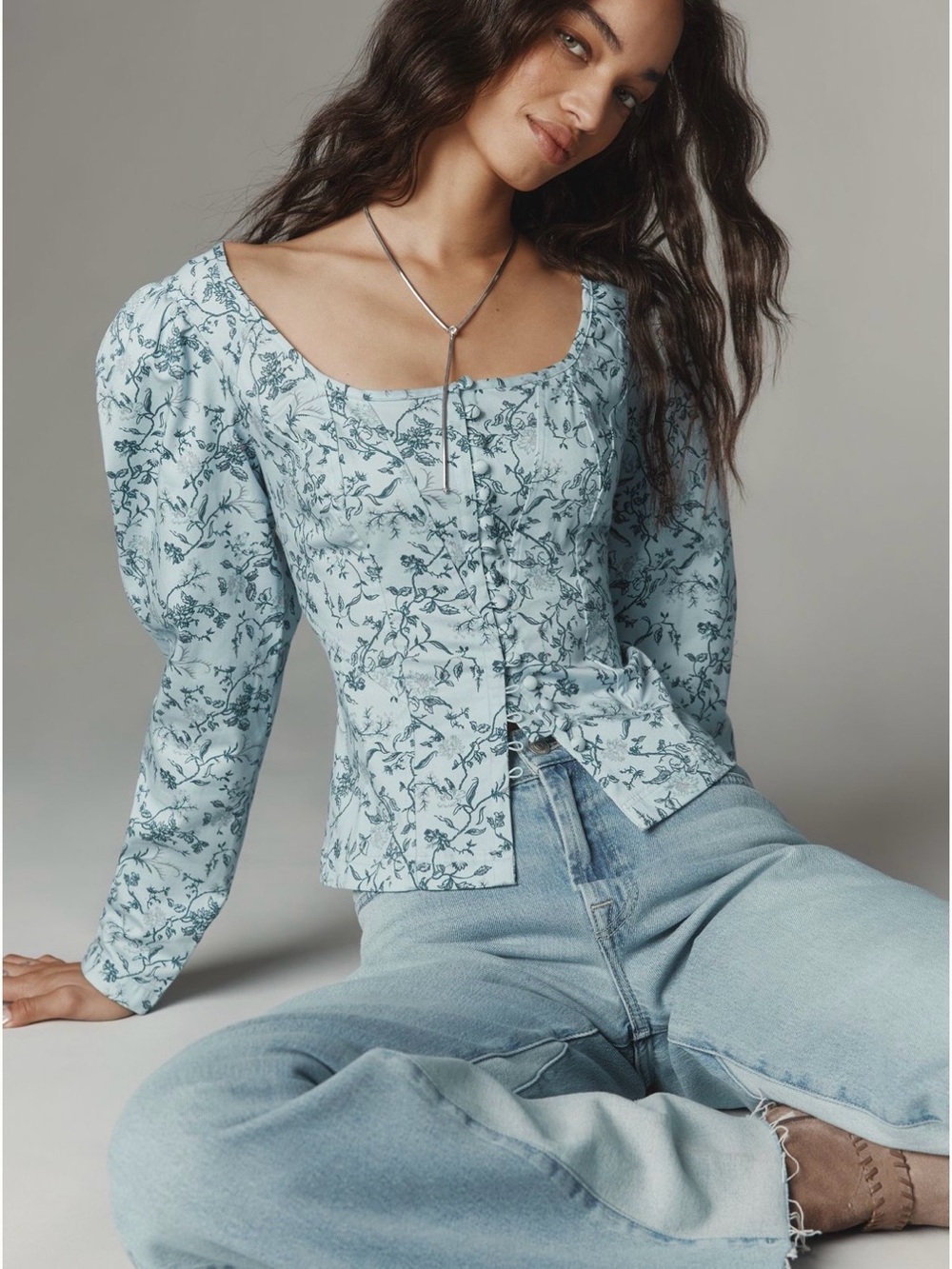 Anthropologie Light Blue Floral Square-Neck Puff-Sleeve Top - L